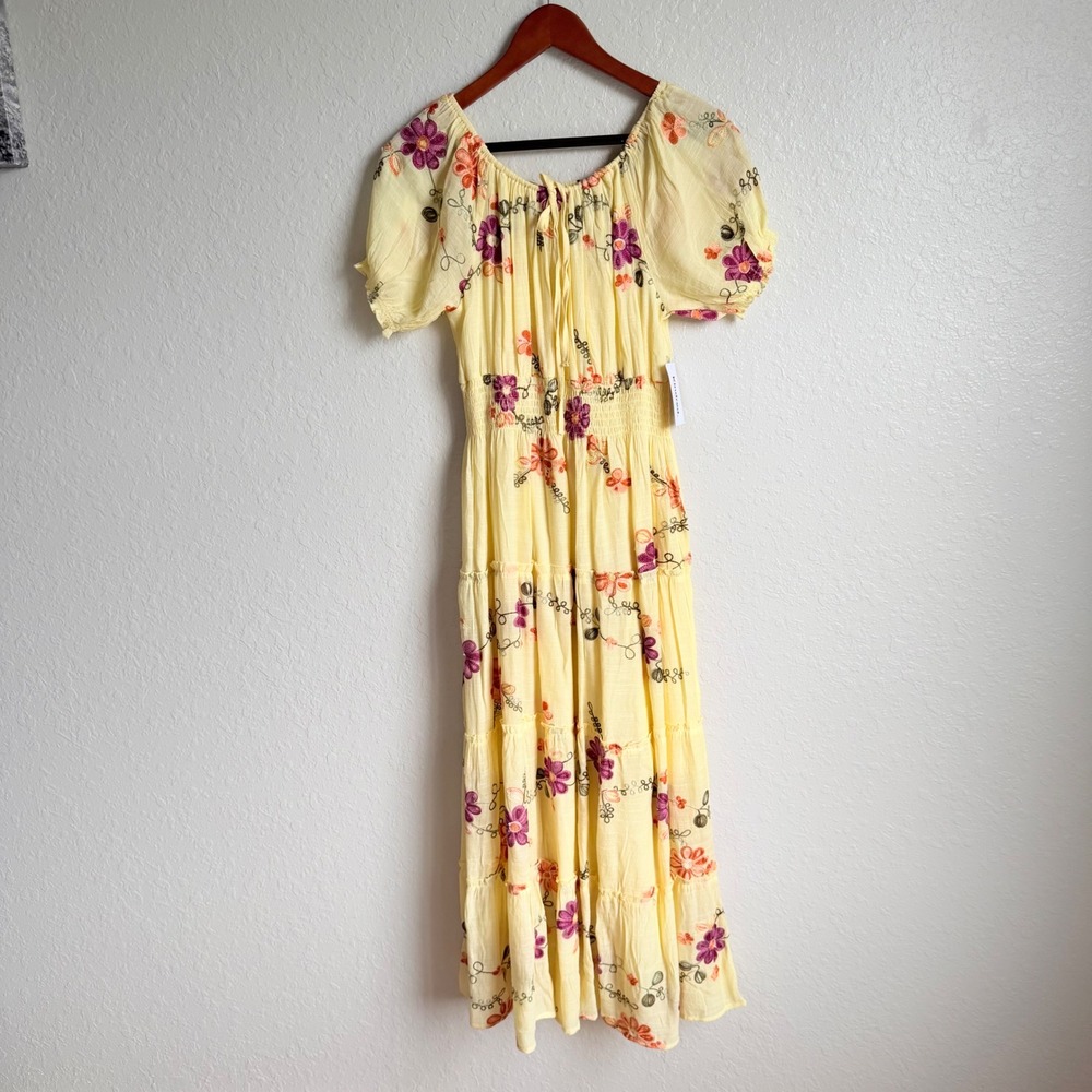 Anthro Kindred Smocked Maxi Dress Butter Yellow Embroidered NWT‎ Cottagecore